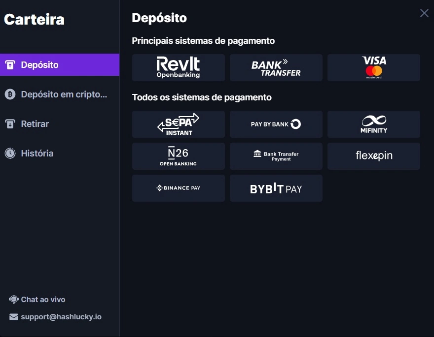 Metodos de Pagamento HashLucky Casino